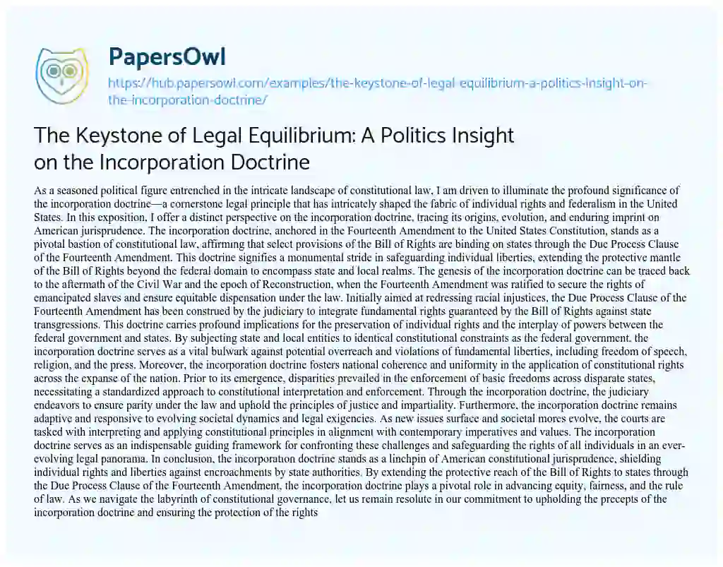 Essay on The Keystone of Legal Equilibrium: A Politics Insight on the Incorporation Doctrine