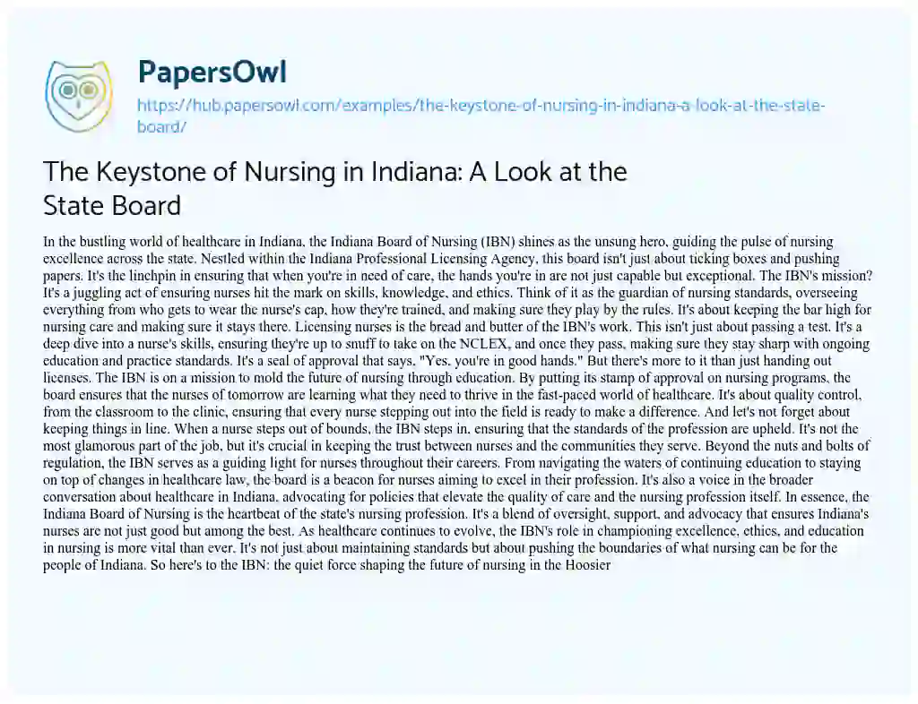 Essay on The Keystone of Nursing in Indiana: A Look at the State Board