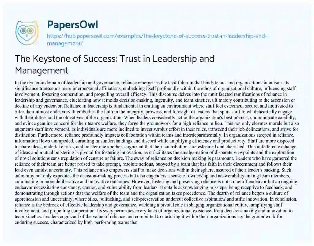 Essay on The Keystone of Success: Trust in Leadership and Management