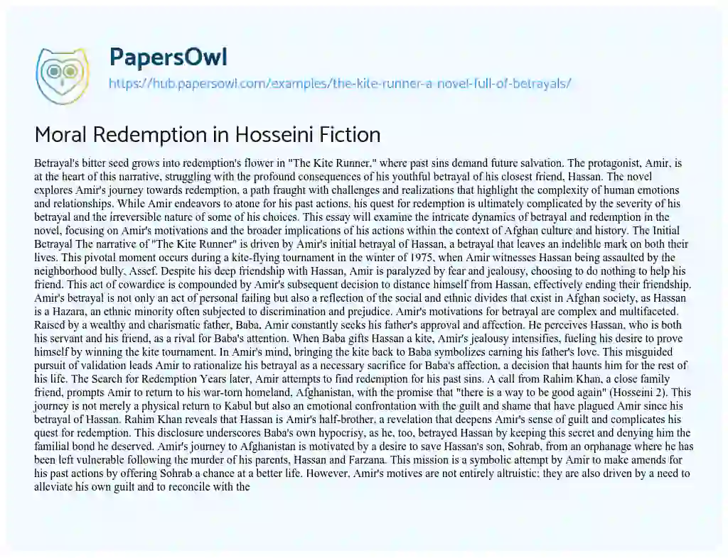 Essay on Moral Redemption in Hosseini Fiction