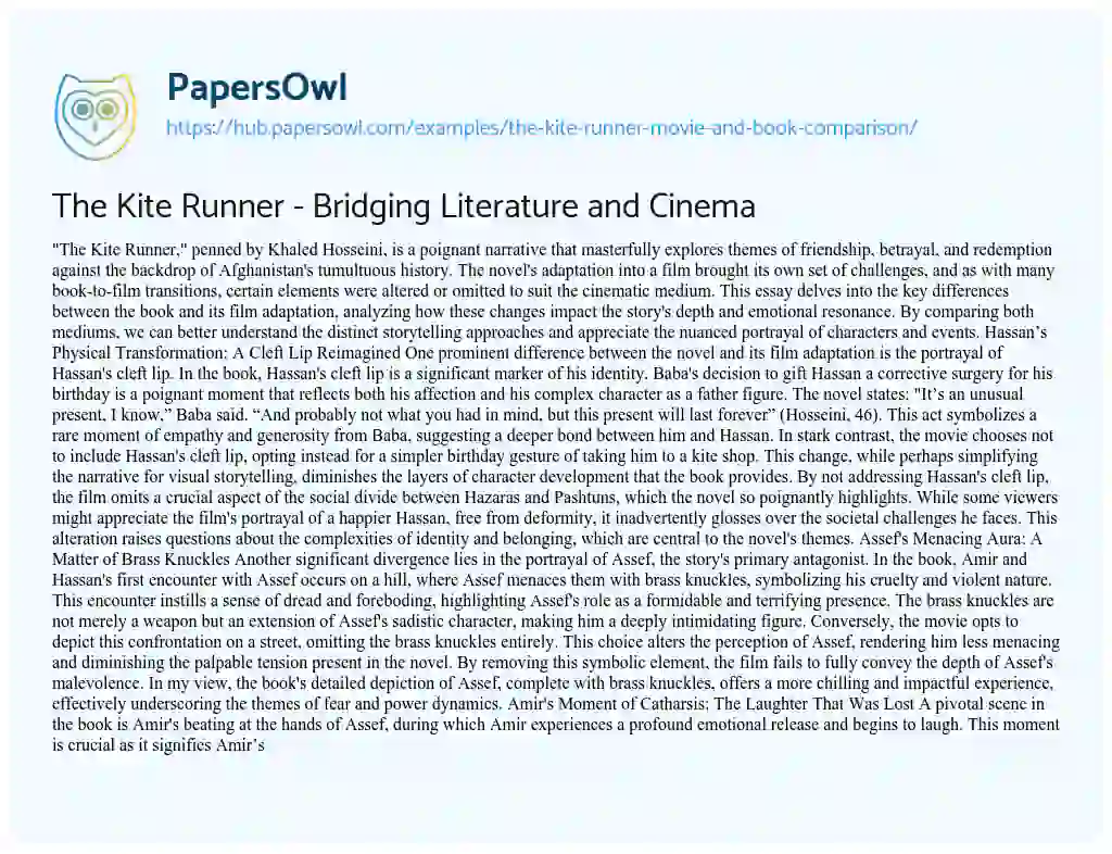 Essay on The Kite Runner – Bridging Literature and Cinema