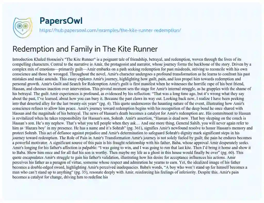 Essay on Redemption and Family in The Kite Runner