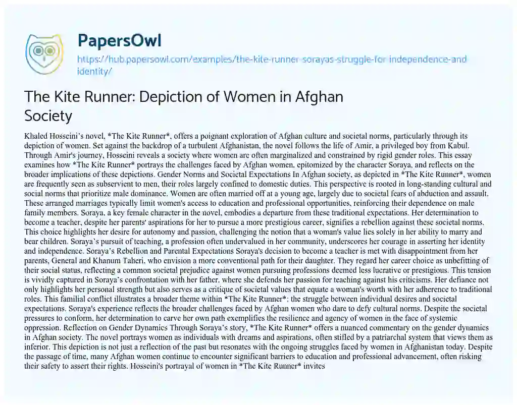 Essay on The Kite Runner: Depiction of Women in Afghan Society