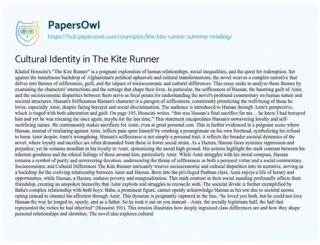 Essay on Cultural Identity in The Kite Runner