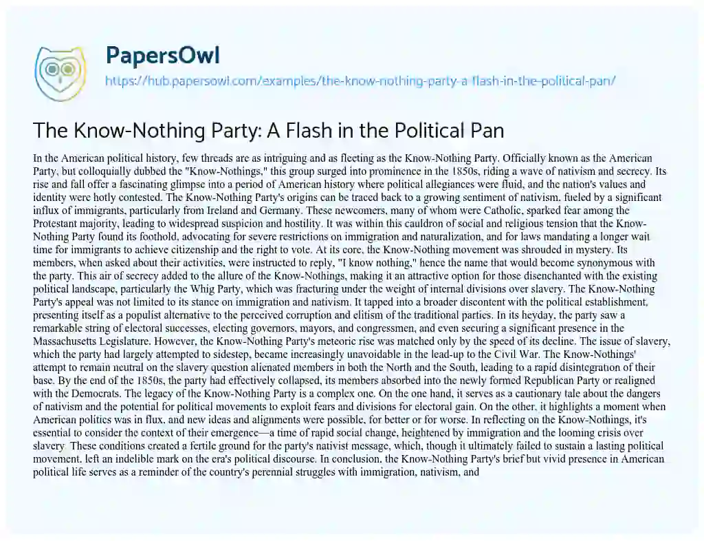 Essay on The Know-Nothing Party: A Flash in the Political Pan