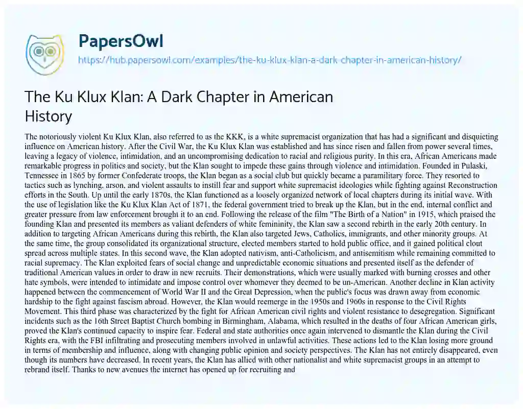Essay on The Ku Klux Klan: A Dark Chapter in American History