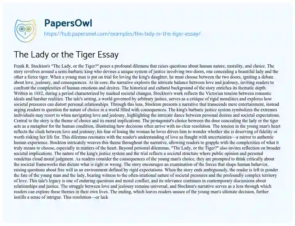 Essay on The Lady or the Tiger Essay