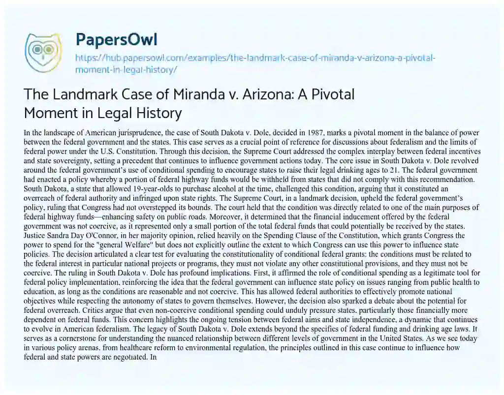 Essay on The Landmark Case of Miranda v. Arizona: A Pivotal Moment in Legal History