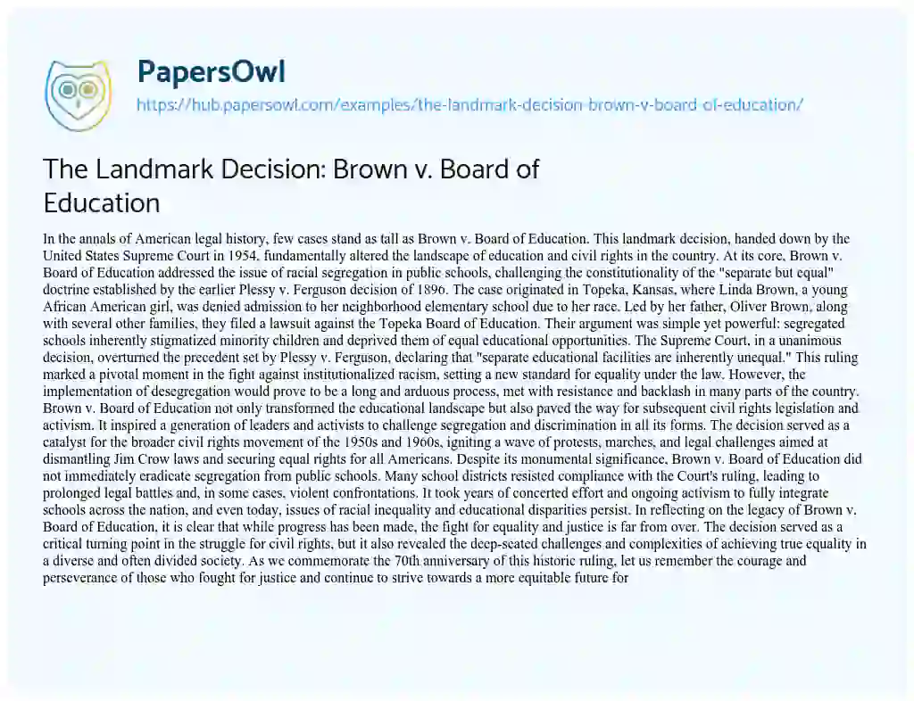 Essay on The Landmark Decision: Brown v. Board of Education