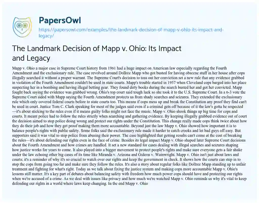 Essay on The Landmark Decision of Mapp v. Ohio: Its Impact and Legacy