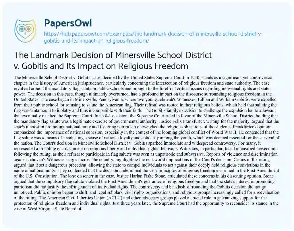 Essay on The Landmark Decision of Minersville School District v. Gobitis and Its Impact on Religious Freedom