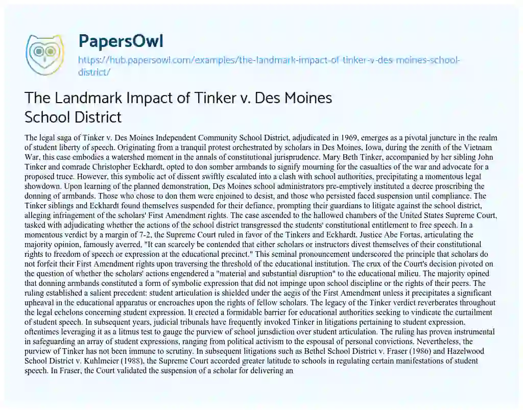 Essay on The Landmark Impact of Tinker v. Des Moines School District