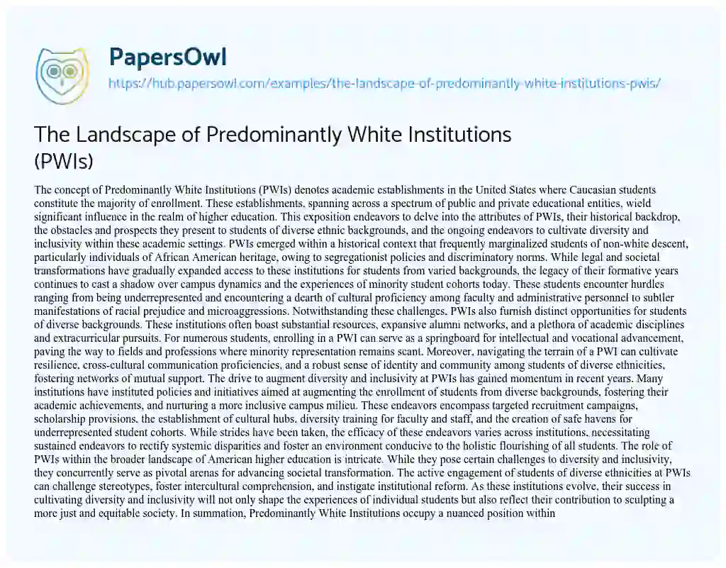 Essay on The Landscape of Predominantly White Institutions (PWIs)