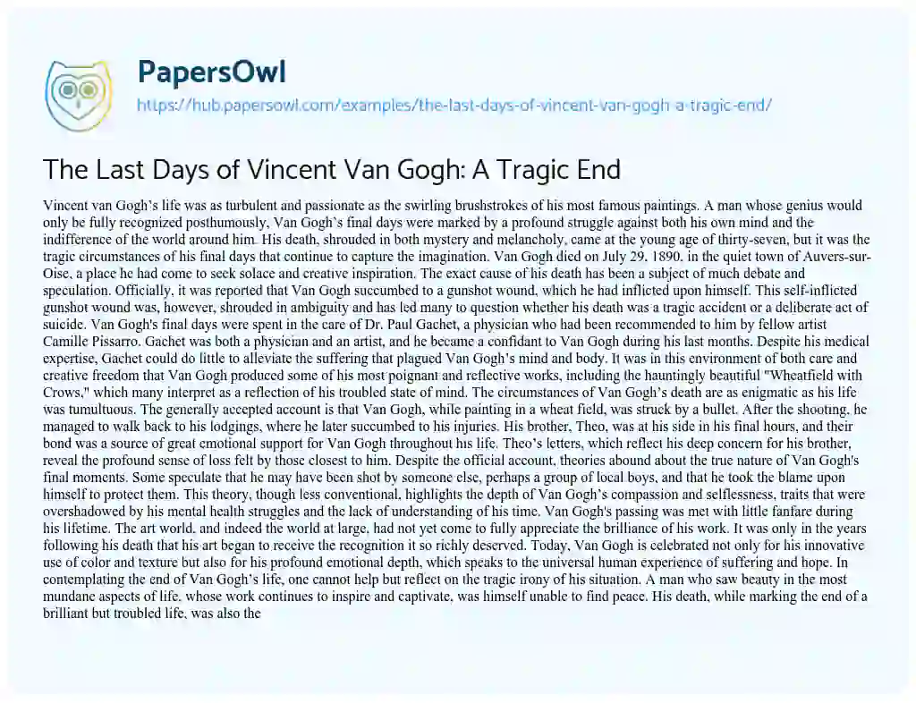 Essay on The Last Days of Vincent Van Gogh: A Tragic End