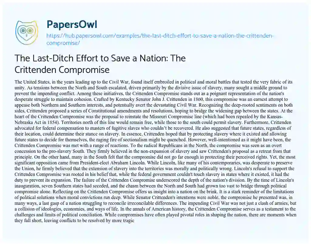 Essay on The Last-Ditch Effort to Save a Nation: The Crittenden Compromise
