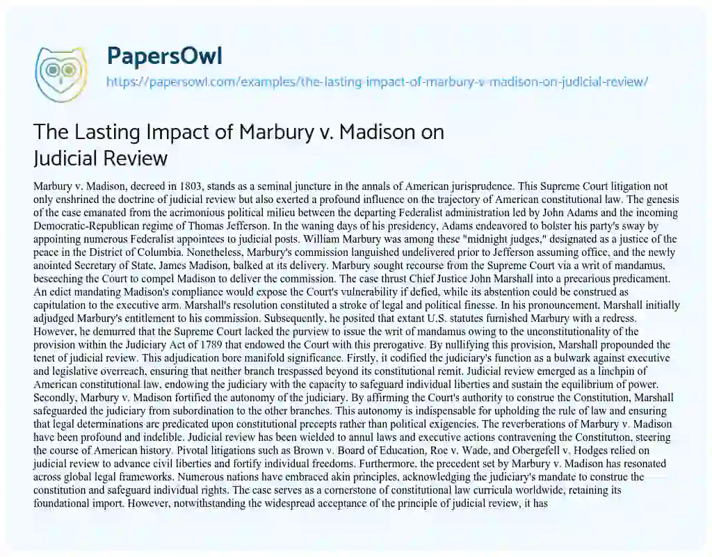 Essay on The Lasting Impact of Marbury v. Madison on Judicial Review