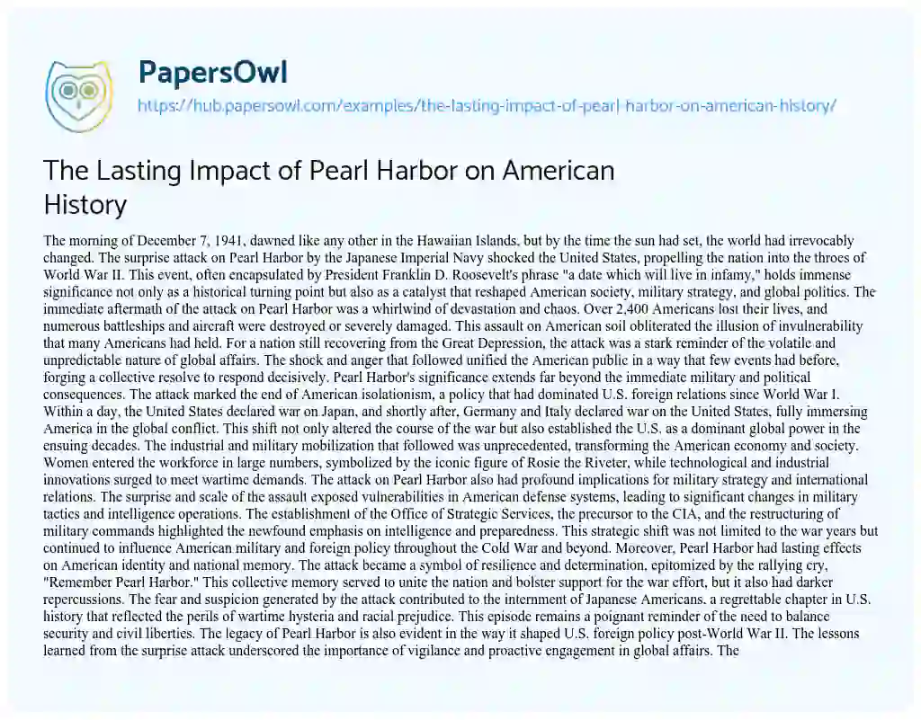 Essay on The Lasting Impact of Pearl Harbor on American History