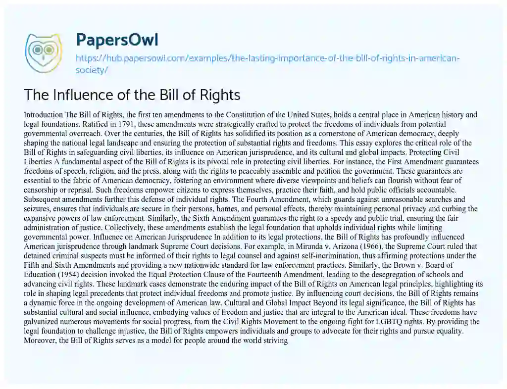 Essay on The Influence of the Bill of Rights