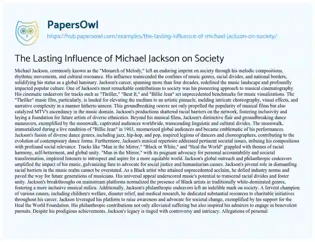 Essay on The Lasting Influence of Michael Jackson on Society