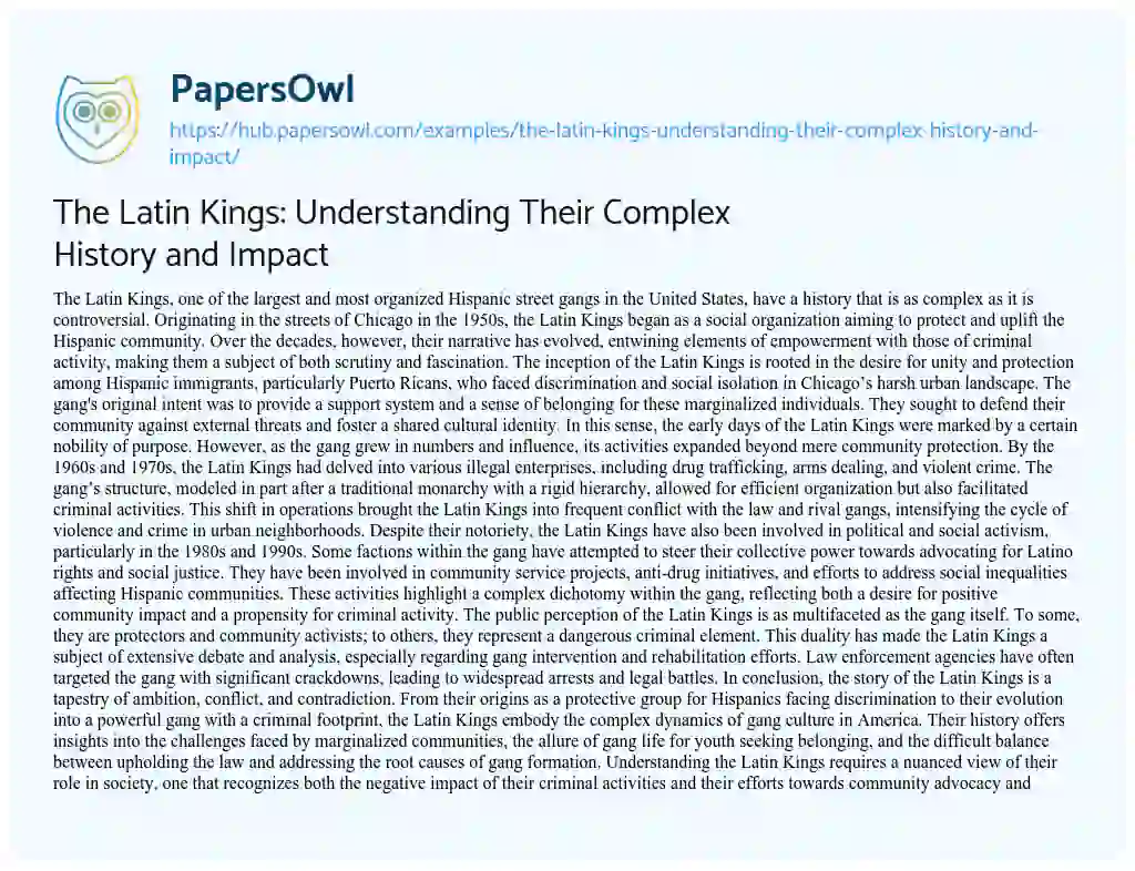 Essay on The Latin Kings: Understanding Their Complex History and Impact