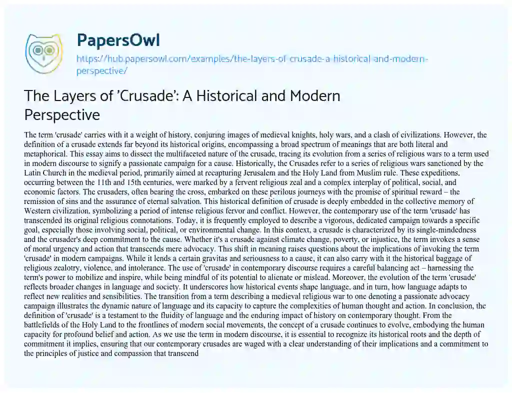 Essay on The Layers of ‘Crusade’: A Historical and Modern Perspective