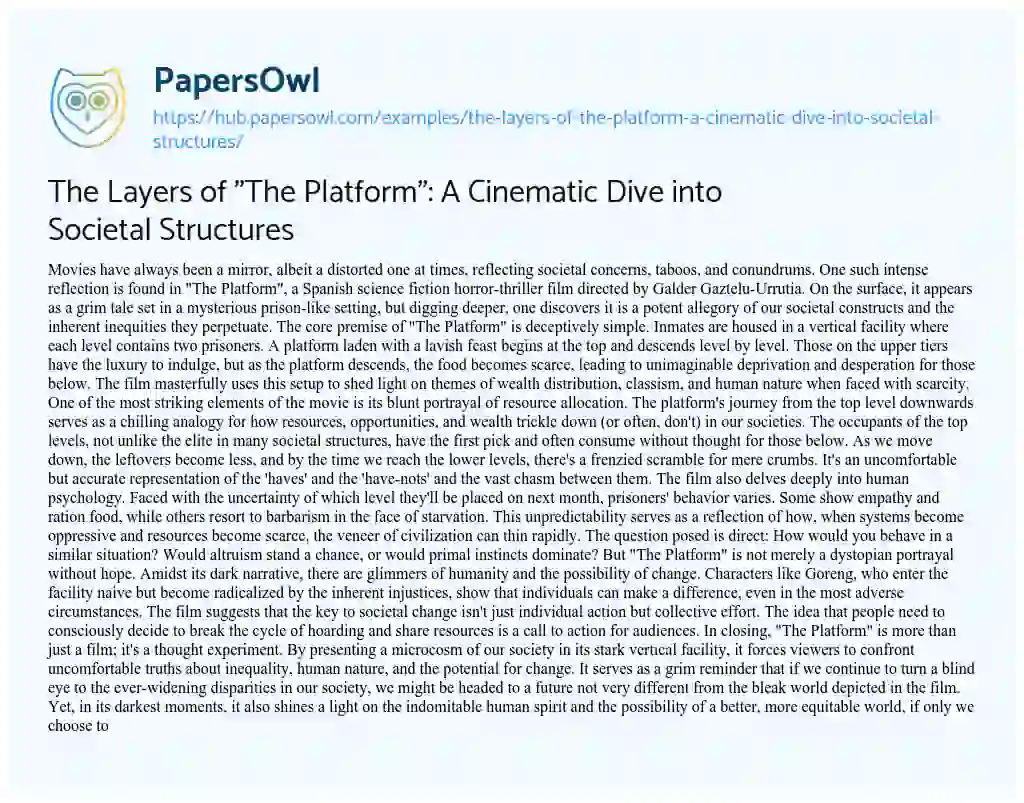 Essay on The Layers of “The Platform”: A Cinematic Dive into Societal Structures