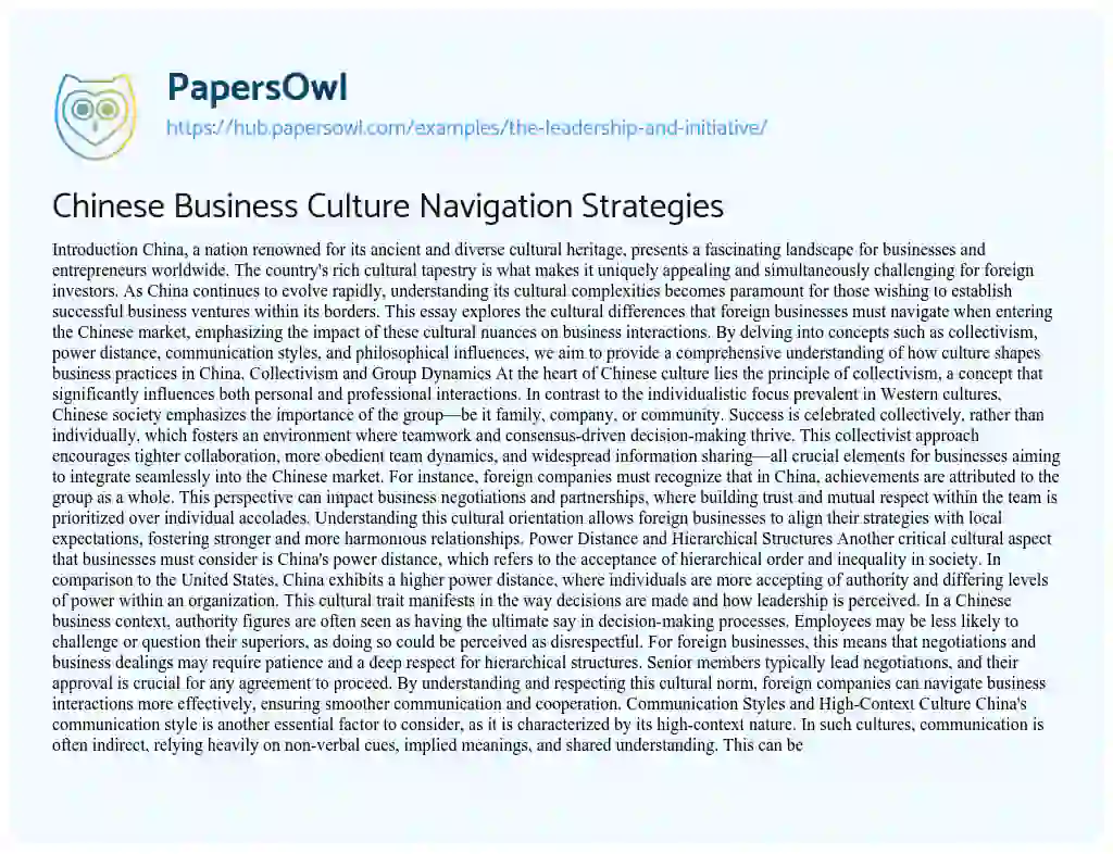 Essay on Chinese Business Culture Navigation Strategies