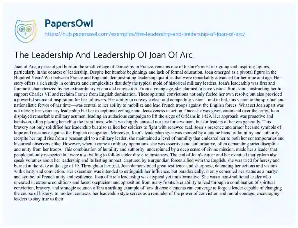 Essay on The Leadership And Leadership Of Joan Of Arc