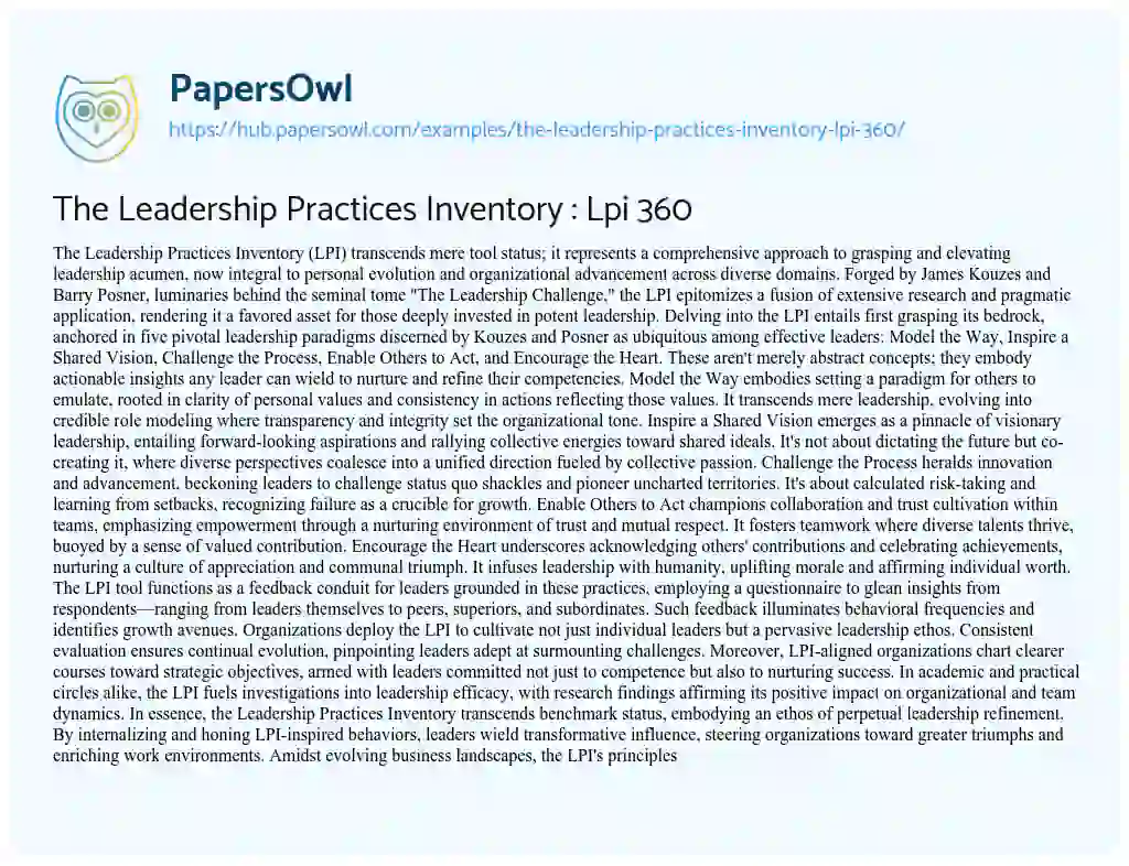 Essay on The Leadership Practices Inventory : Lpi 360