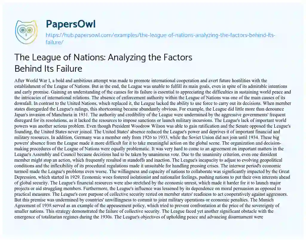 Essay on The League of Nations: Analyzing the Factors Behind Its Failure