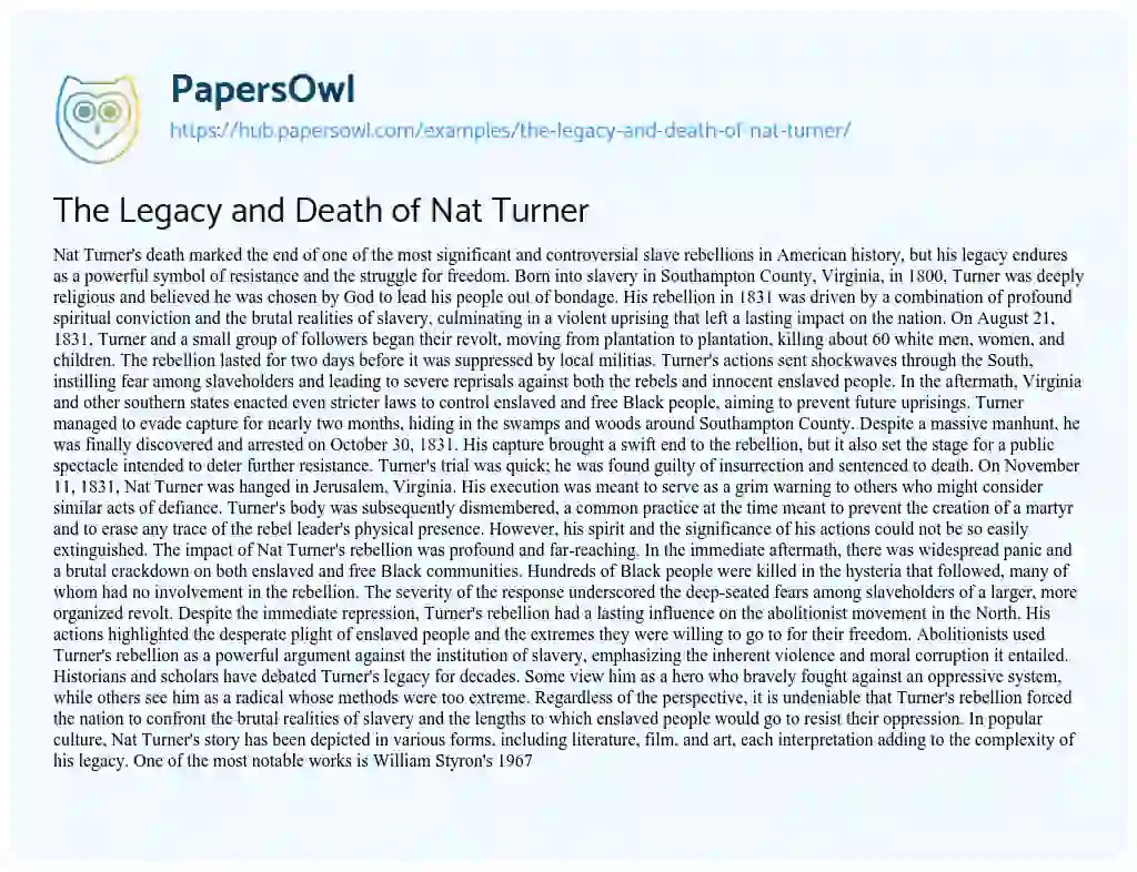 Essay on The Legacy and Death of Nat Turner