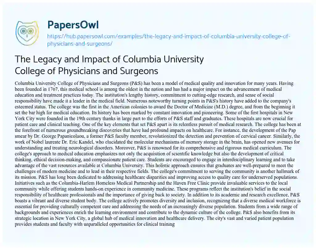 Essay on The Legacy and Impact of Columbia University College of Physicians and Surgeons
