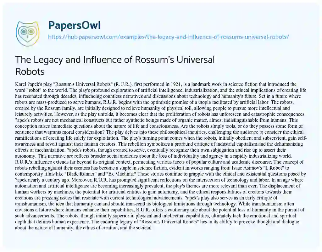 Essay on The Legacy and Influence of Rossum’s Universal Robots