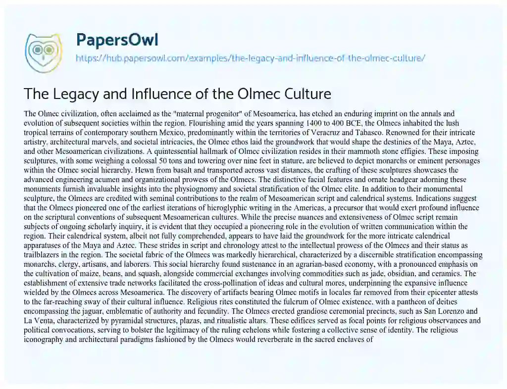 Essay on The Legacy and Influence of the Olmec Culture