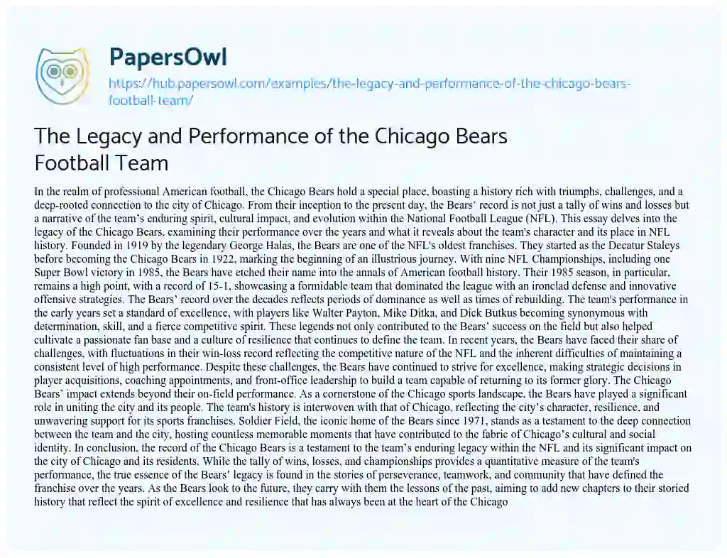 Essay on The Legacy and Performance of the Chicago Bears Football Team