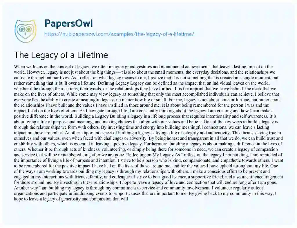 Essay on The Legacy of a Lifetime