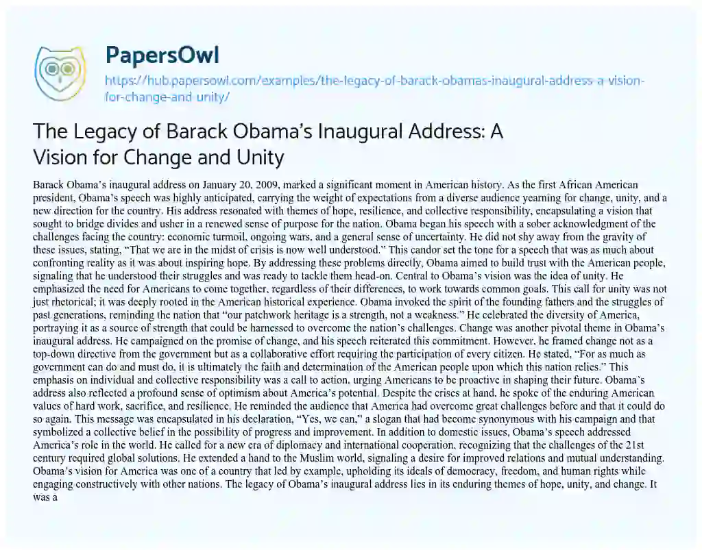 Essay on The Legacy of Barack Obama’s Inaugural Address: A Vision for Change and Unity