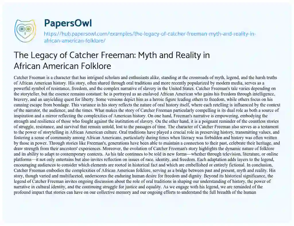 Essay on The Legacy of Catcher Freeman: Myth and Reality in African American Folklore