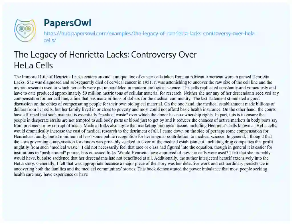 Essay on The Legacy of Henrietta Lacks: Controversy Over HeLa Cells