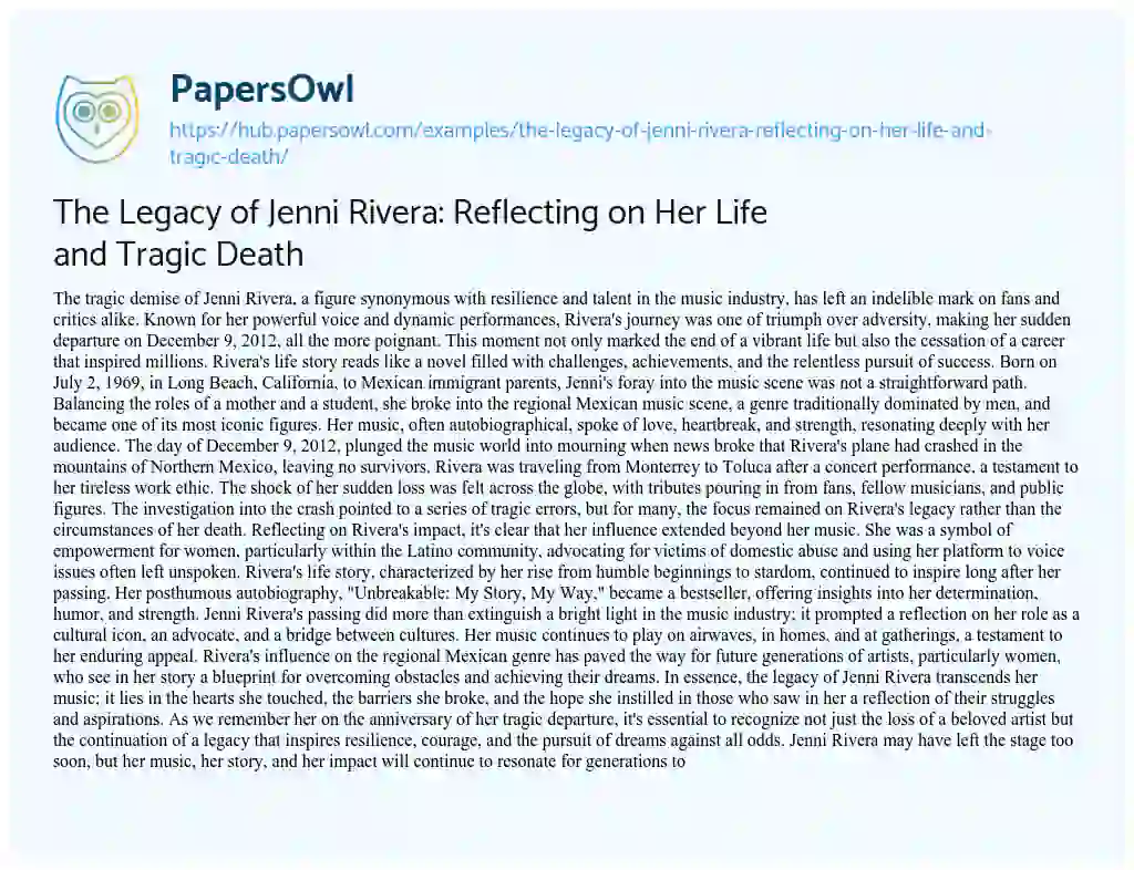 Essay on The Legacy of Jenni Rivera: Reflecting on Her Life and Tragic Death
