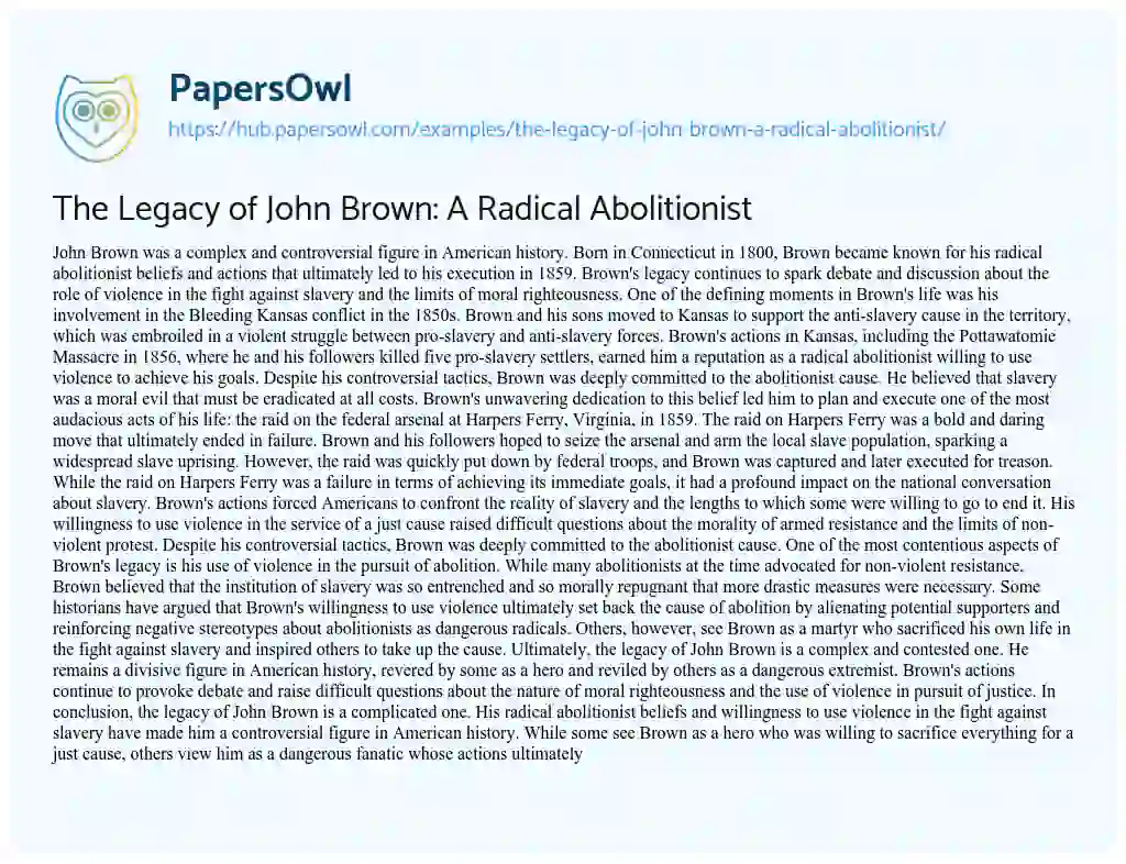 Essay on The Legacy of John Brown: A Radical Abolitionist