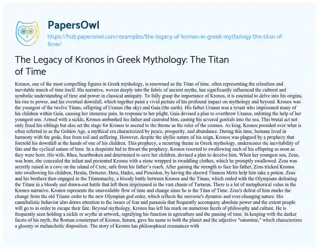 Essay on The Legacy of Kronos in Greek Mythology: The Titan of Time