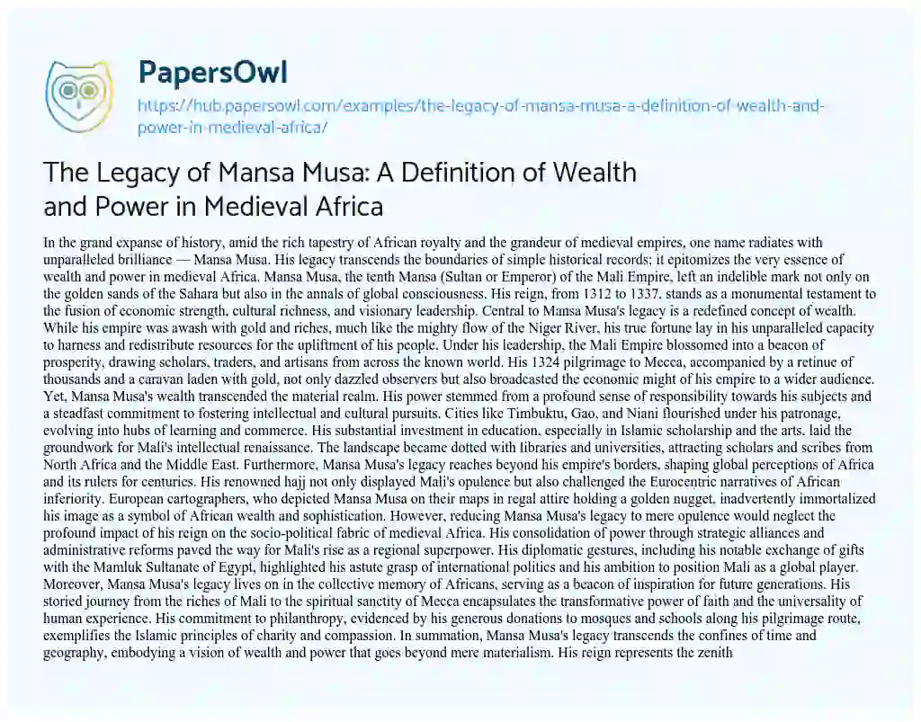 Essay on The Legacy of Mansa Musa: A Definition of Wealth and Power in Medieval Africa