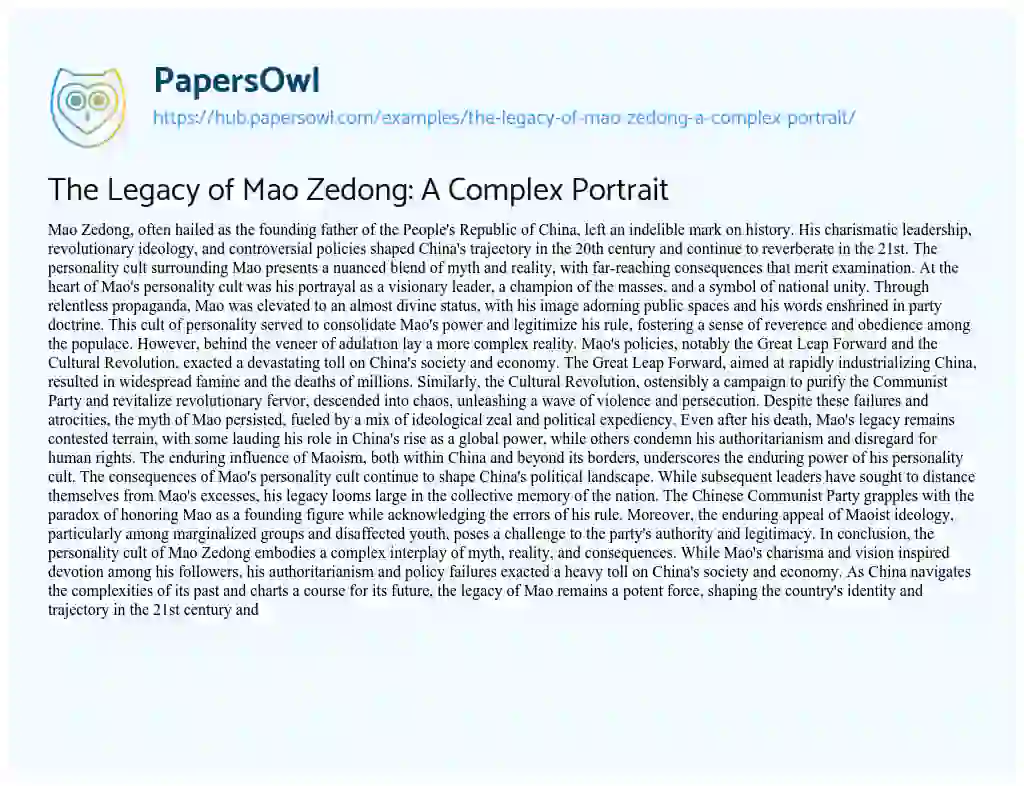 Essay on The Legacy of Mao Zedong: A Complex Portrait