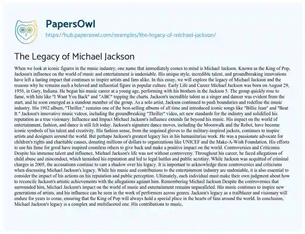 Essay on The Legacy of Michael Jackson