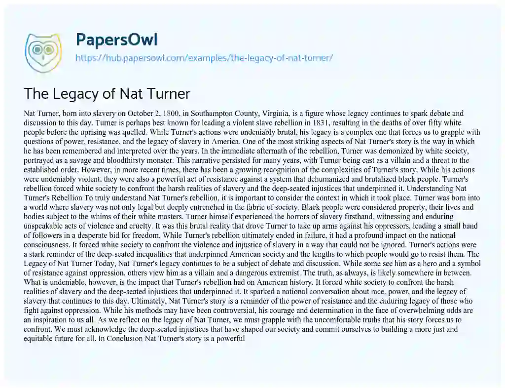 Essay on The Legacy of Nat Turner