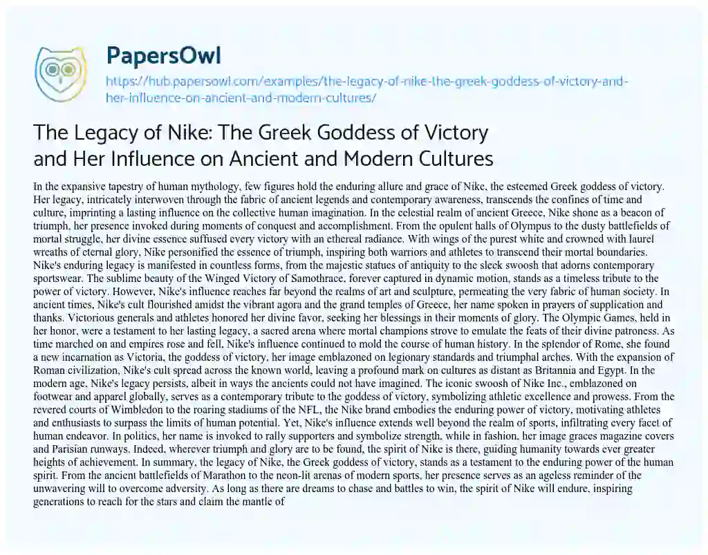 Essay on The Legacy of Nike: The Greek Goddess of Victory and Her Influence on Ancient and Modern Cultures