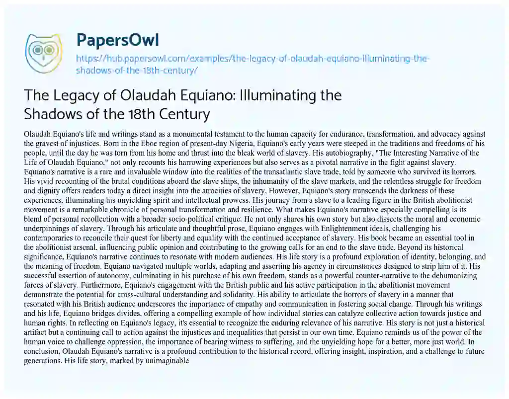 Essay on The Legacy of Olaudah Equiano: Illuminating the Shadows of the 18th Century