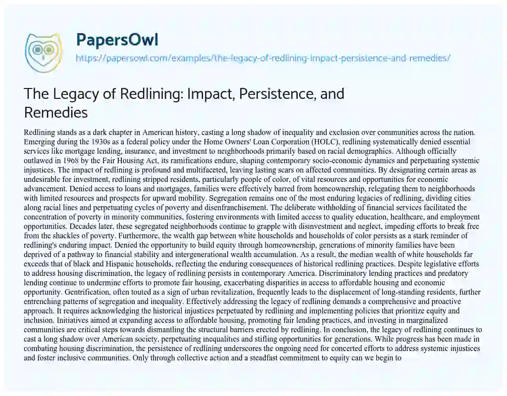 Essay on The Legacy of Redlining: Impact, Persistence, and Remedies