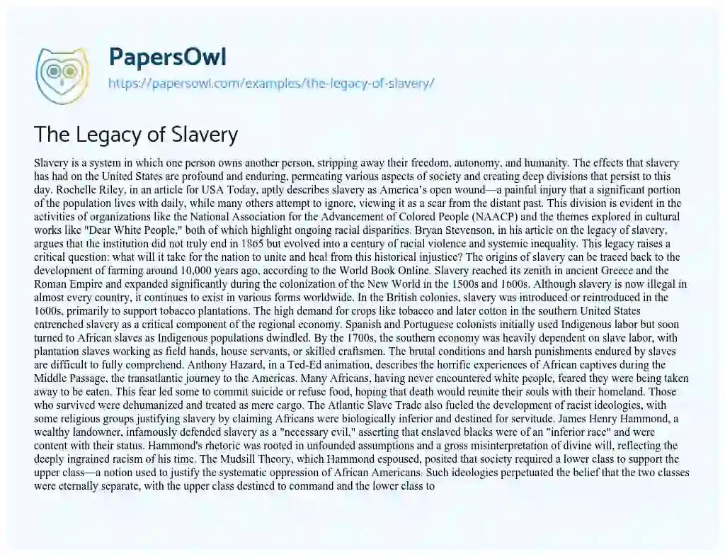 Essay on The Legacy of Slavery